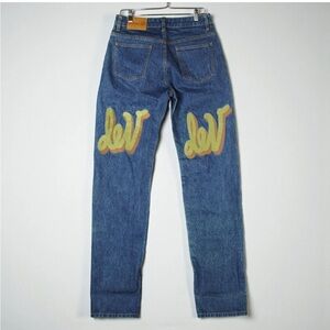 Denim DEV Jeans Baggy Sz 28x36 Selvedge Blue Logo Street wear K Pop Full Length
